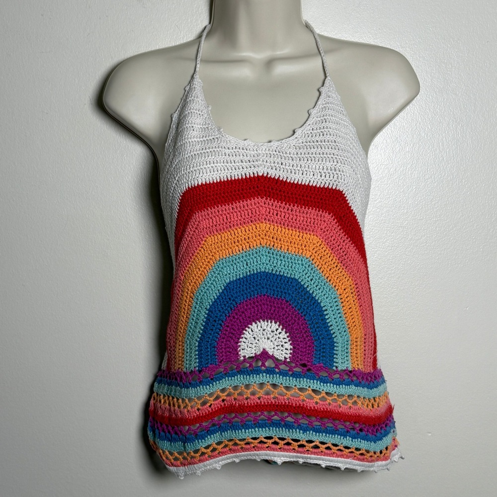 Altar'd State Womens Cotton Halter Top L Multi Rainbow Crochet Boho Festival